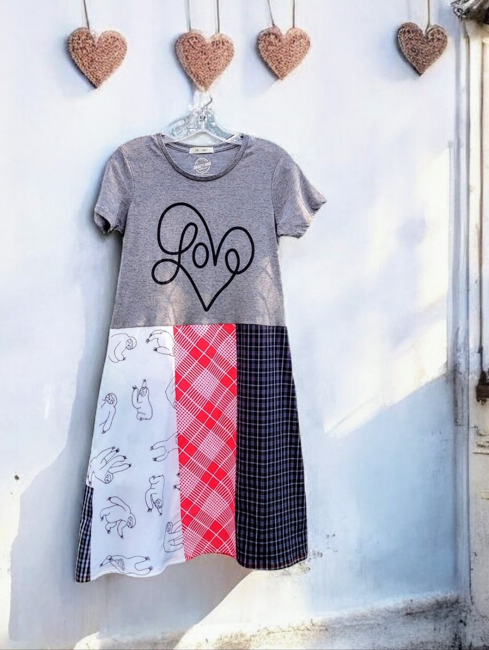 Upcycled Love Sloths Patchwork Dress S